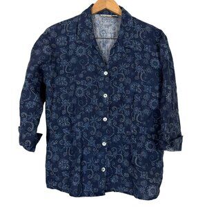 Putumayo Vtg Women's Linen Button-Down Shirt Size Large 3/4 Sleeves Blue White